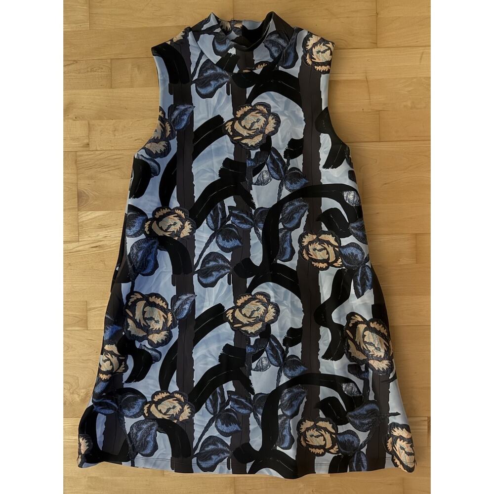 Cynthia Rowley Neoprene Black Mockneck Swing Mini Dress Print Roses Blue 8